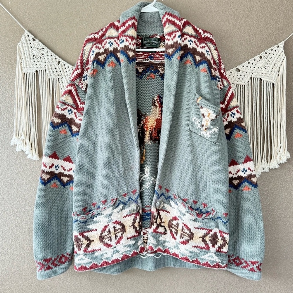 Vintage Ralph Lauren Polo Country Native American Hand-knit Open front Sweater